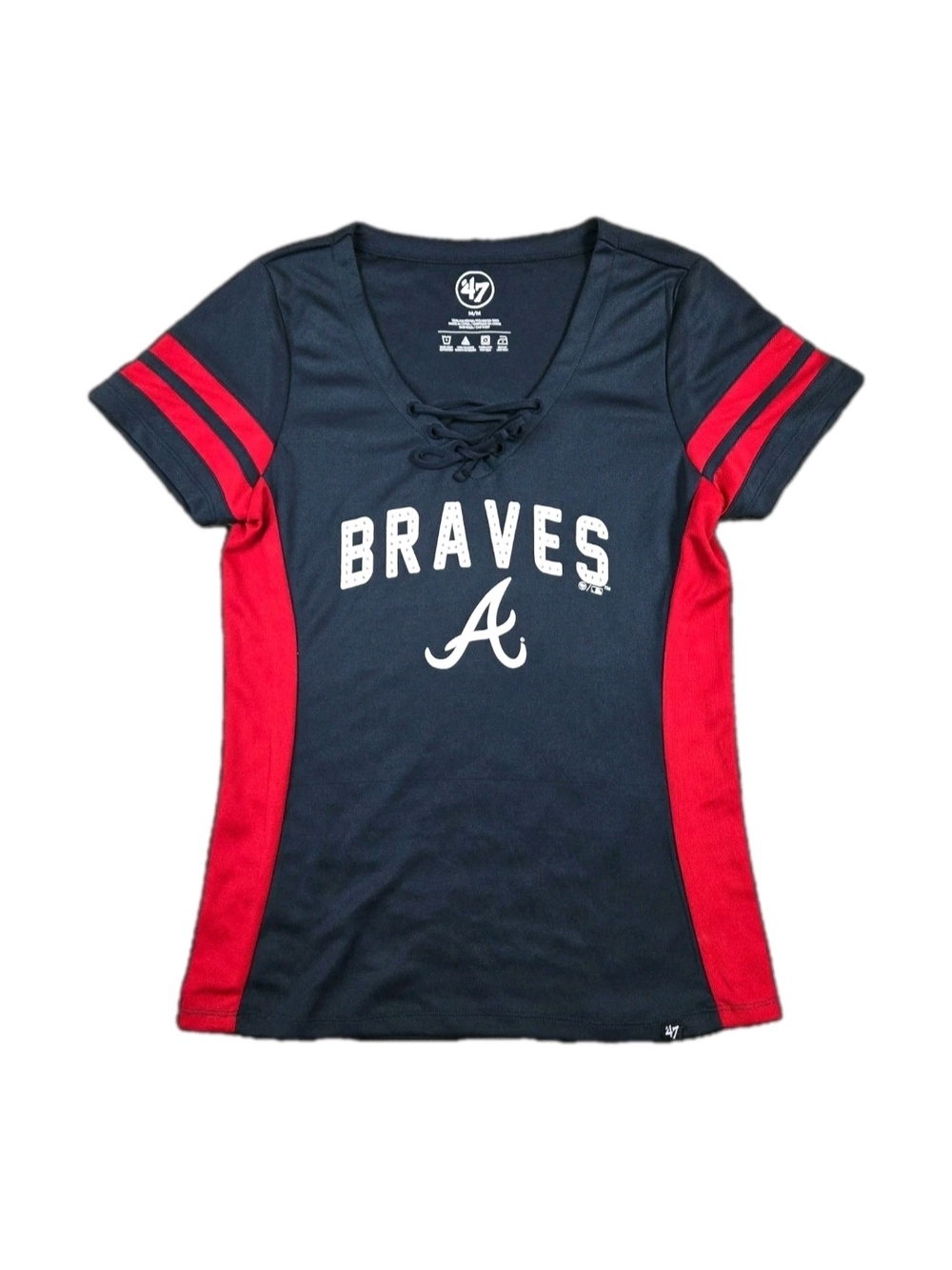 '47 Atlanta Braves Lace-Up Tee in Navy & Red Lace Up V Neck Short Sleeve Sporty